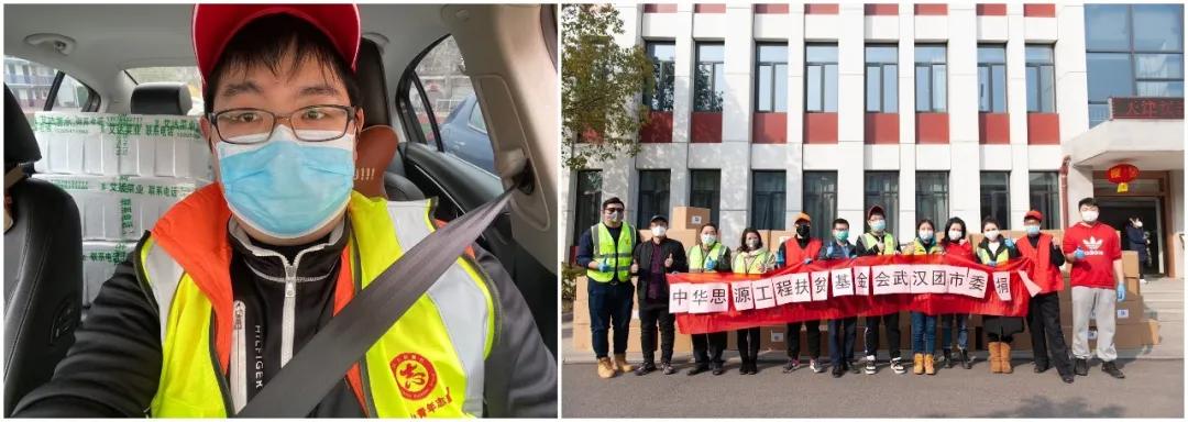 左圖：10輛轎車后座和后備箱堆滿了菜，出發(fā)送給社區(qū)；右圖：各位志愿者協(xié)助接收消毒防護(hù)物資